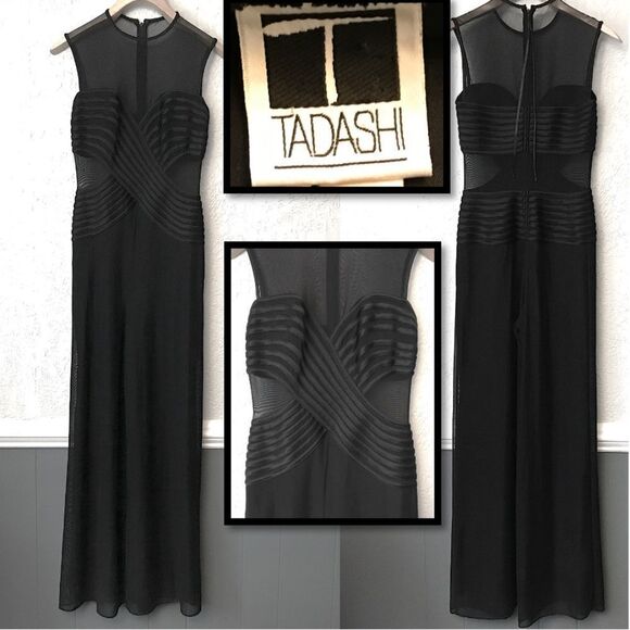 RARE Vintage Tadashi Black Chiffon Panel Pant Gown (M) - Picture 1 of 14